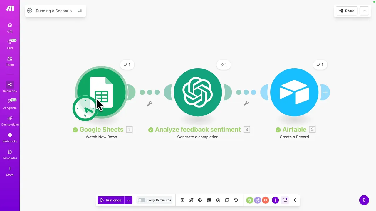 Make scenario connecting Google Sheets, AI analysis and Airtable